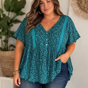 Cato Womens Teal Black Geometric Print Crochet Trim V-Neck Blouse Plus 22/24W